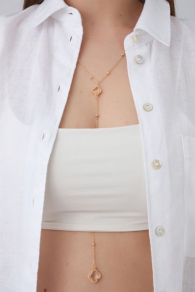 Modex Gold Color Clover Detailed Crop Y Necklace (110cm)