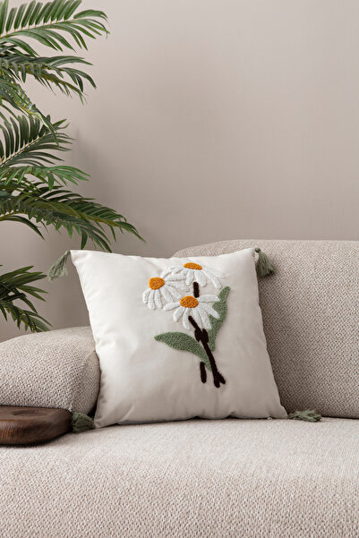 BUGİ HOME COLLECTİON Punch Throw Pillow Cover Embroidery Embroidered Daisy Pattern Throw Pillow Covers
