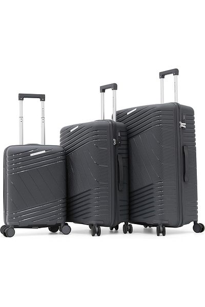 Giordano 3-Piece Polypropylene Luggage Set, Grey, with Double Spinner Wheels and TSA Lock