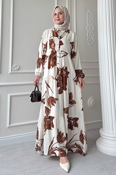 InStyle Büyük Orkide Desen Kahvrengi Viskon Elbise