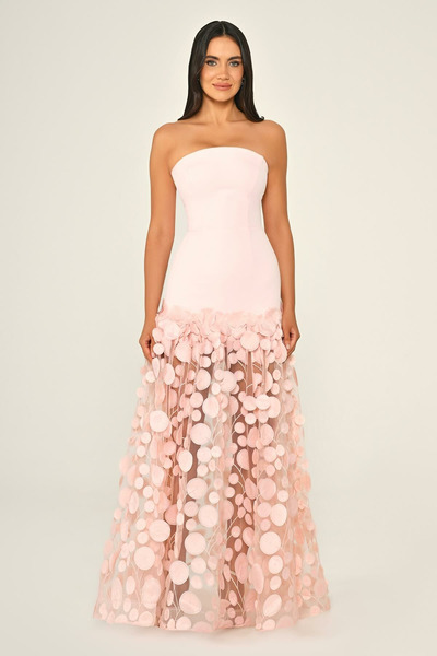 ALFABETA Women's Evening Dress Strapless Crepe Top Three-Dimensional Tulle Long Chic Dress