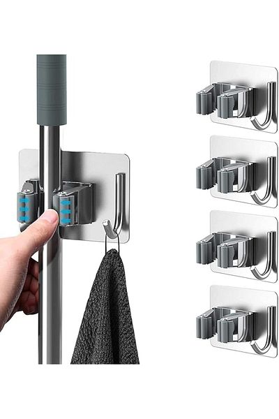 COOYA Self Adhesive Mop Broom Holder, Stainless Steel Wall Mount Organizer for Bathroom Kitchen Office
