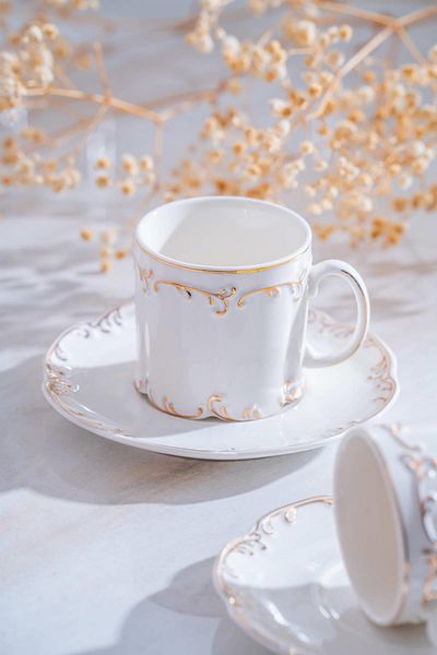 ACAR Marilla Gold Set of 6 Porcelain Coffee Cups - 90 ml