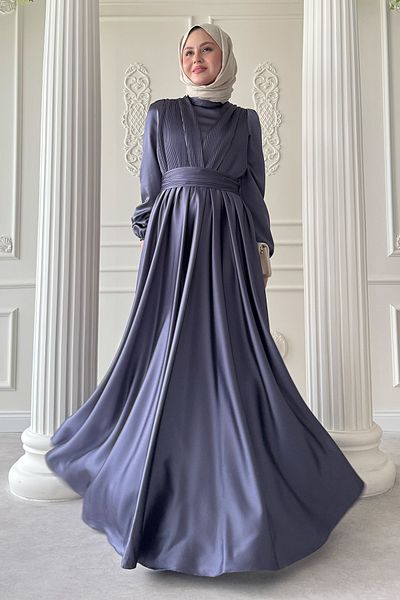 InStyle Cross Patterned Pleated Anthracite Satin Dress