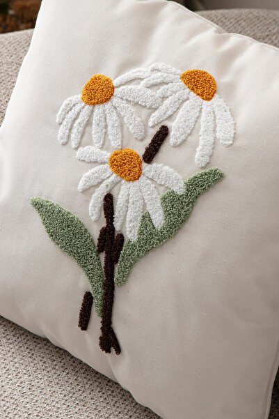 BUGİ HOME COLLECTİON Punch Throw Pillow Cover Embroidery Embroidered Daisy Pattern Throw Pillow Covers
