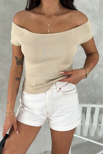 FEMELLE Women's Beige Standard Size Knitwear Crop Blouse