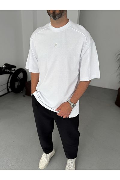 BYBASICMAN White Shiny R Printed Oversize T-Shirt Res-5237