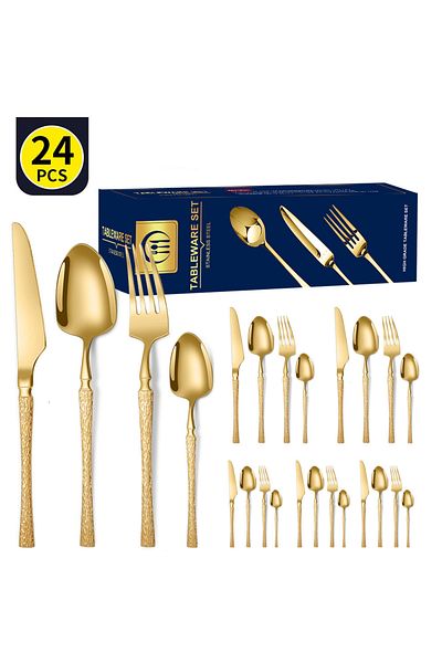 COOYA 24-Piece Stainless Steel High-Quality Cutlery Set, Including Knife, Fork, Spoon, 28x8x6 Cm, Gold