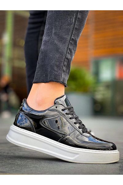 MELAMS Avenger Black Patent Leather Detailed White High Sole Casual Men's Sports Shoes - Kbc