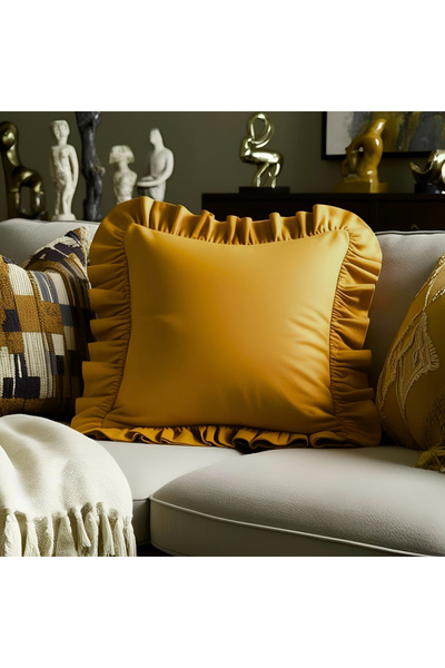 Bc Home غطاء وسادة مربع الشكل بتصميم مخملي بلون الخردل، ذو ملمس ناعم، على الط...