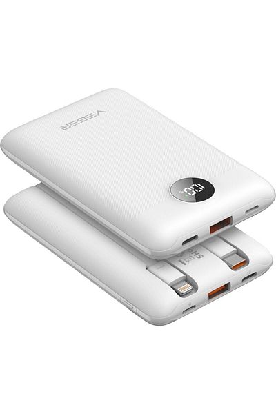 REDz Accessories External Battery with Integrated Type-C and Lightning Cables, 10,000 mAh, PD QC3.0 2A 22.5W, White
