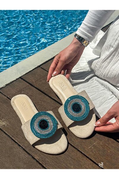 ERVANIN BUTİĞİ Bej Süet (Merlin) Nazar Boncuk Detay Kadın Terlik