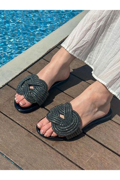 ERVANIN BUTİĞİ Black (Wulf) Stone Detailed Women's Slippers