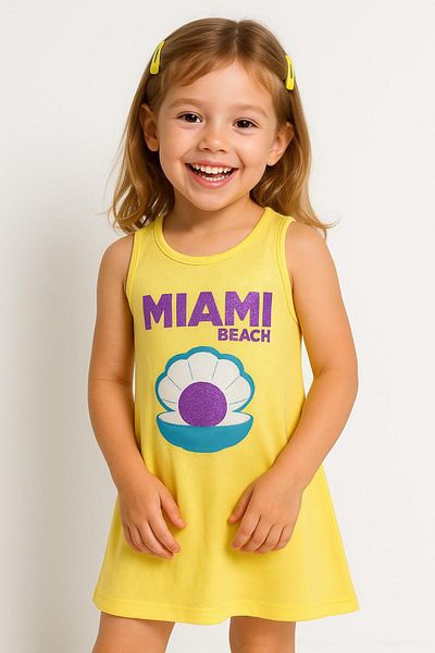 LUESS Girl's 100% Cotton Printed Terry Dress - Yellow (3-4 Years - 8-9 Years)