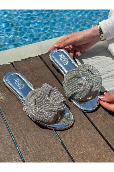 ERVANIN BUTİĞİ Silver (Wulf) Stone Detailed Women's Slippers