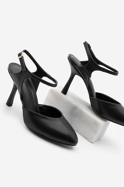Marjin Women's Stiletto Oval Toe Open Back Scarf Heeled Shoes Valve Black