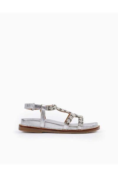 Ziddy Leather Sandals with Beads for Girls, Silver