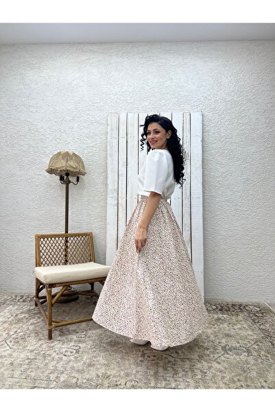 KÜÇÜĞÜM BUTİK Cream Purple Floral Poplin Flared Skirt