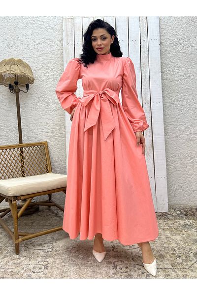 KÜÇÜĞÜM BUTİK Rochie evazată din popelin cu fundă mare Hijab