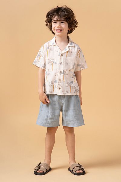 Minipodyum Boy's Printed Shirt Shorts Muslin Summer Double Set