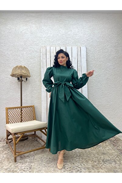 KÜÇÜĞÜM BUTİK Hijab Emerald Green Big Bow Poplin Flared Dress