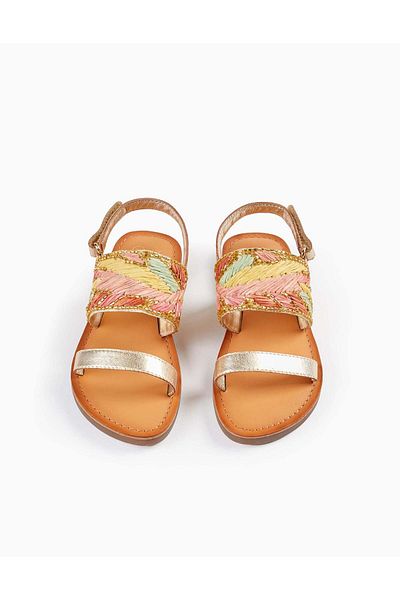 Ziddy Leather Sandals with Beads for Girls, Golden
