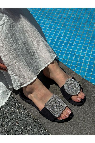 ERVANIN BUTİĞİ Black Suede (Willy) Silver Stone Detailed Women's Slippers