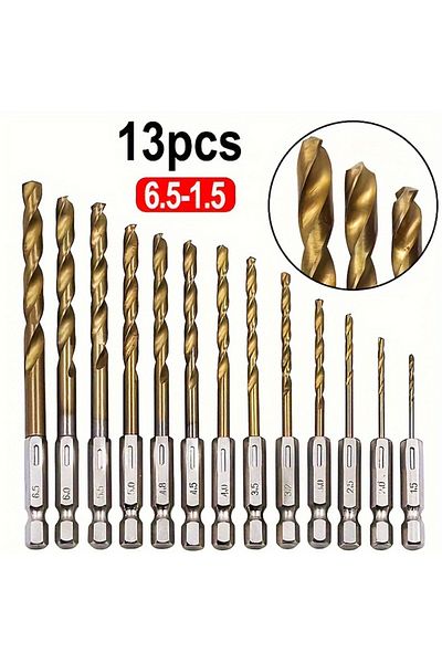 Choice Hexagonal Gold 13pc Titanium Twist Drill Bit 1.5-6.5mm Hexagonal Handle Electric Drill Screwdriver D