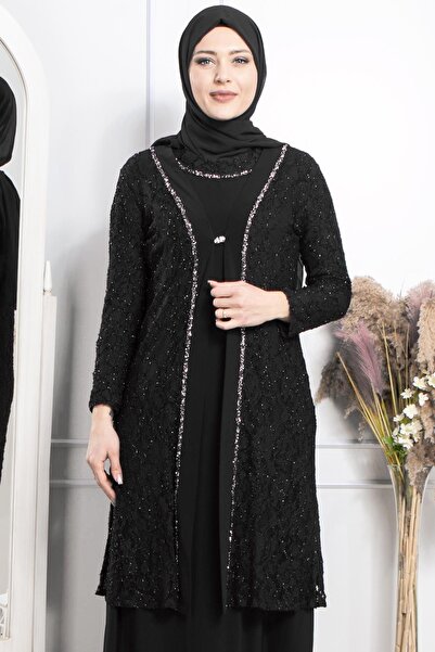 SUBU TASARIM Stone Embroidery Detailed Evening Dress Black Tbsmda2315