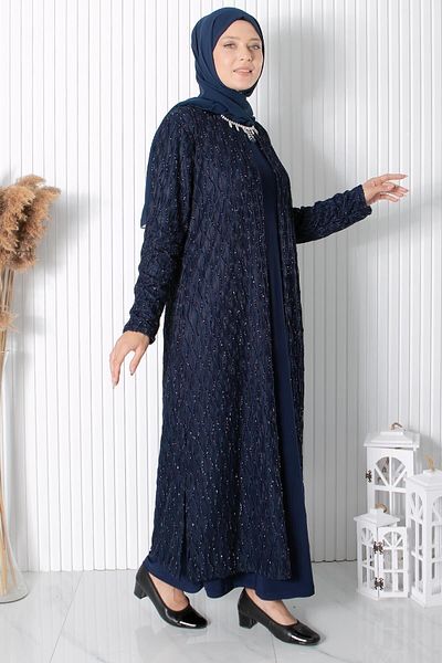SUBU TASARIM Necklace Detailed Evening Dress Navy Blue Tbsmda2323