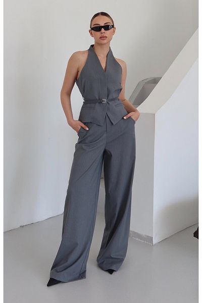 Laluvia Gray Pinstripe Belt Detailed Vest Trousers Suit - 9569