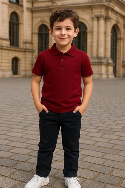 Mcrkids Бордова червена ученическа тениска с поло деколте и къс ръкав