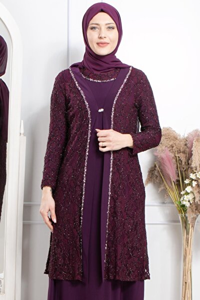 SUBU TASARIM Stone Embroidery Detailed Evening Dress Plum Tbsmda2315