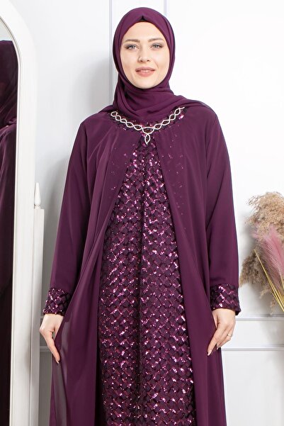 SUBU TASARIM Stone Embroidered Sequined Evening Dress Plum Tbsmda2307
