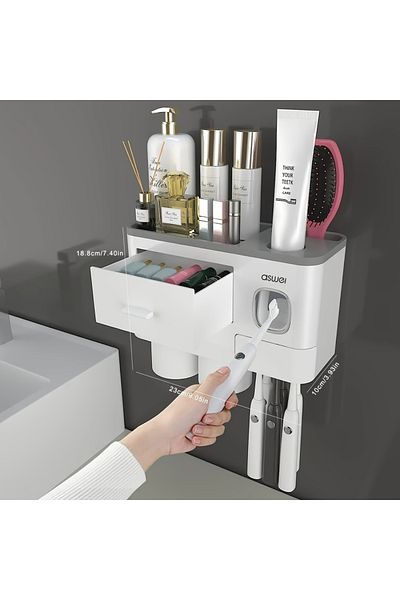 Choice حامل فرشاة أسنان بكوبين مثبت على الحائط بدون حفر - منظم حمام 2 في 1 مع عصا معجون أسنان