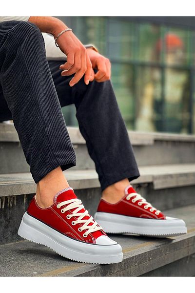 MELAMS Cross Short Burgundy Linen White High Sole Sneakers - Kbc