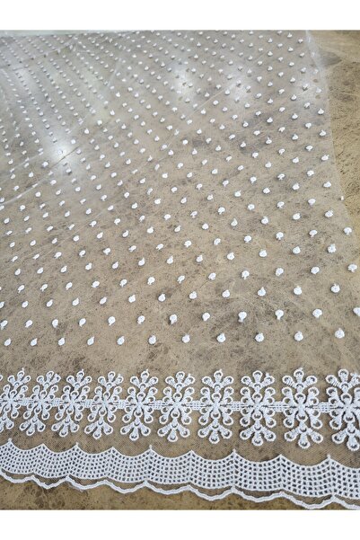 METERİAL Beyaz Puantiyeli Bordürlü Tül Dantel Kumaş – 135 cm | Abiye, Perde v...