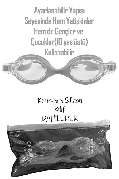 Telvesse 4lü Set Yüzücü Gözlüğü Kılıflı Kulak Burun Tıkaçlı Kumaş Bone Set Yüzme Havuz Deniz Gözlüğü Gri