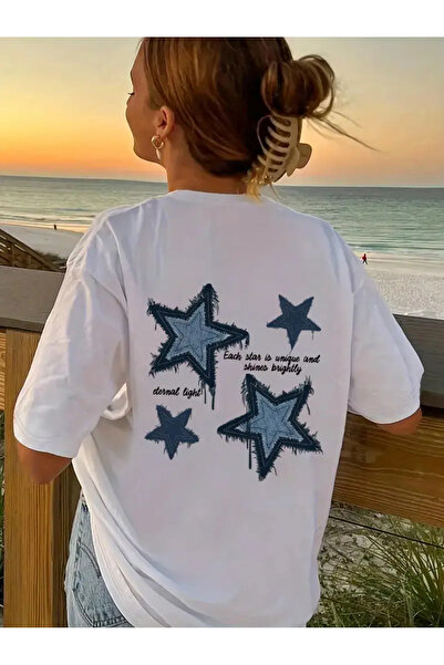 MORNİNG KİDS Girl's White Blue Stars Back Printed Combed Cotton T-Shirt