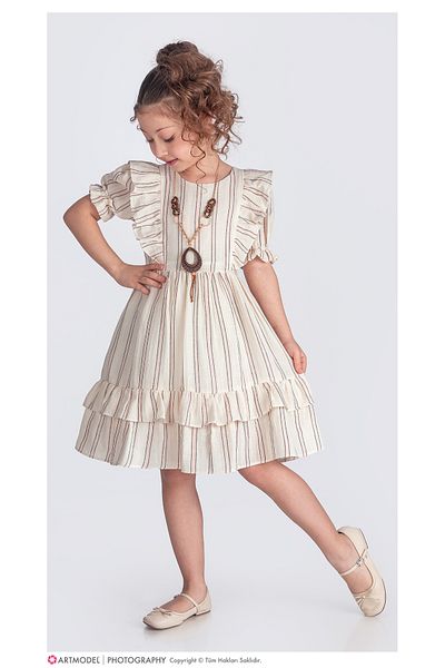 Pasur Bebe Short Sleeve Muslin Fabric Girl's Dress with Drawstring Collar