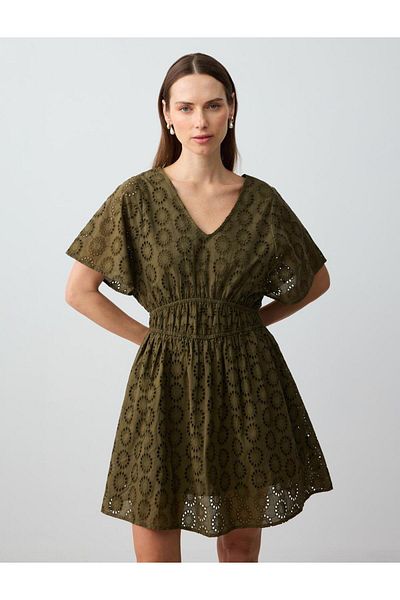 Jimmy Key Khaki V-Neck Openwork Short Sleeve Cotton Mini Woven Dress