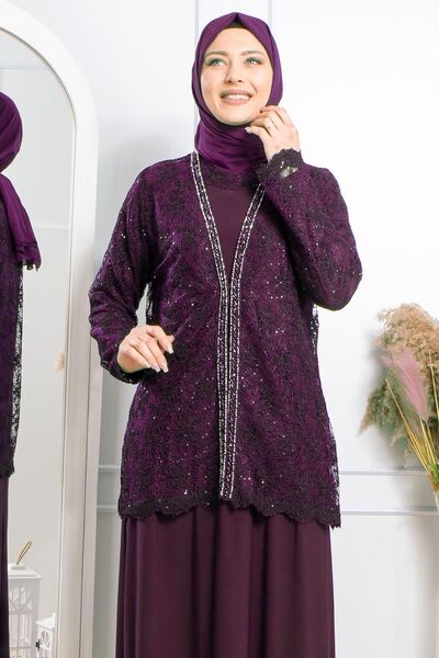 SUBU TASARIM Stone Embroidered Evening Dress Plum Tbsmda2309