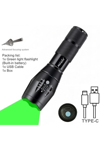 Choice 18650 Lithium Battery black Green light Zoom Red/Green/Blue light LED Flashlight USB Rechargeable Ou
