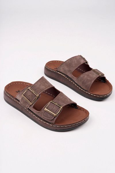 McDark Men's Brown Leather Double Buckle Orthopedic Slippers