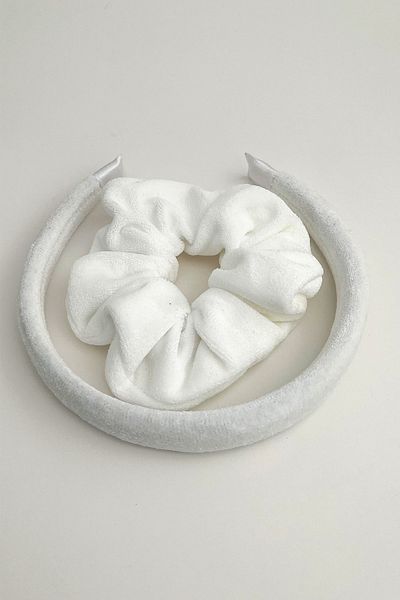 Modex Towel Fabric Plain Spa Makeup Women Crown 1Pcs Rubber Buckle Set