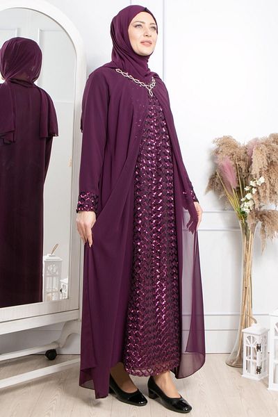 SUBU TASARIM Stone Embroidered Sequined Evening Dress Plum Tbsmda2307