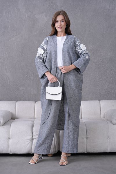 Miss Allos Women's Back and Sleeves Embroidered Flower and Pearl Decorated Linen Kimono Cardigan and Pants Bottom Top Set