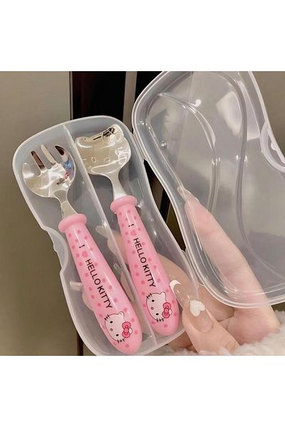 Choice 2Pcs with box 2Pcs/Set Kawaii Sanrio Hello Kitty Y2K Handle Tableware Two-piece Set Pink Kt Cat Fork