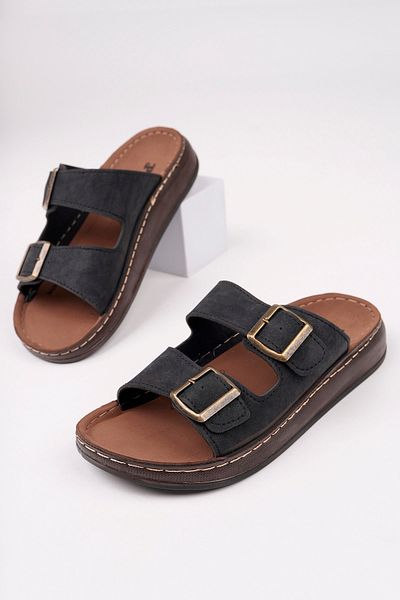 McDark Men's Black Faux Leather Double Buckle Orthopedic Slippers
