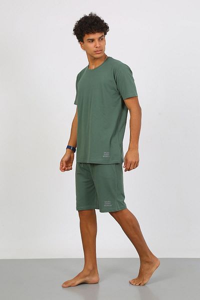 Akbeniz Men's Cotton Lacoste Bottom Top Capri Pajama Suit Green 6872